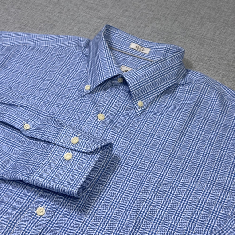 Peter Millar Button Shirt Mens L Blue Plaid Cotton Nanoluxe Easycare Classic Fit